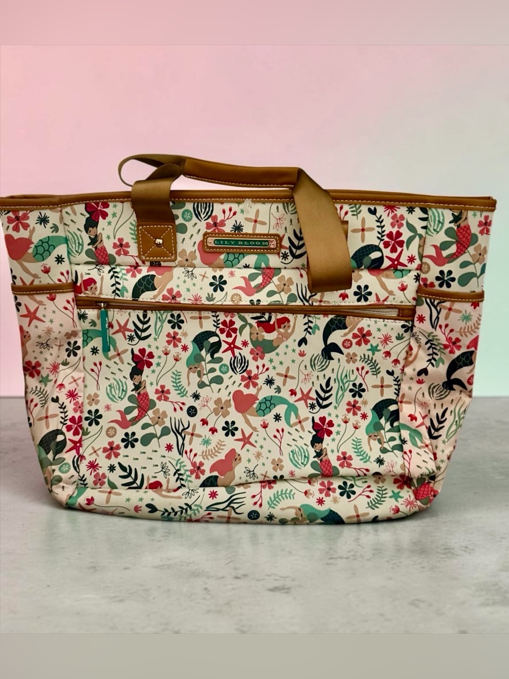 Lily Bloom FloralSea Green Mermaid Print Tote Bag in Cream NWOT